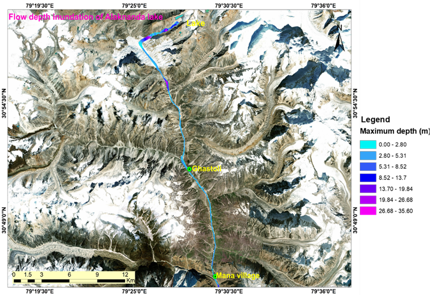 Figure – 13: Max. depth of flood inundation from GLOF in Alaknanda lake