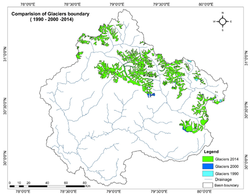 Figure – 2: Change in glaciated area in UGB during 1990 - 2014