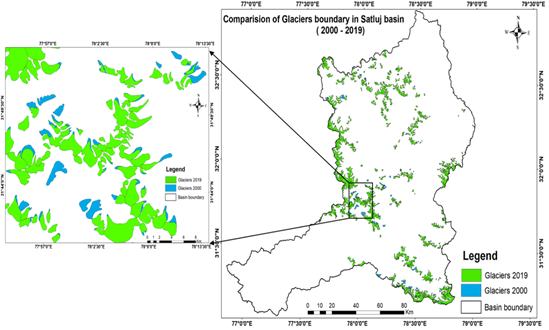 Figure – 3: Change in glaciated area in Satluj basin during 2000 – 2019 zoomed-in changes in glaciated area in a part of Satluj basin 