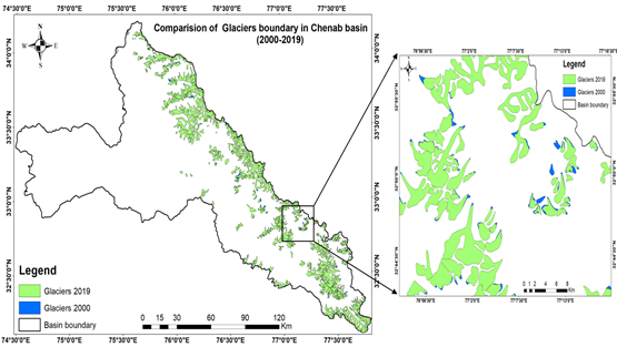 Figure – 4: Change in glaciated area in Chenab basin during 2000 – 2019 and zoomed-in changes in glaciated area in a part of Chenab basin