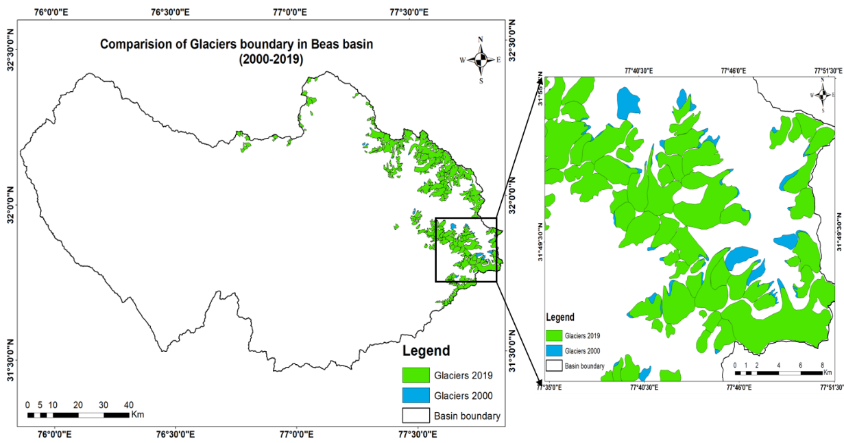 Figure – 5: Change in glaciated area in Beas basin during 2000 – 2019 and zoomed-in changes in glaciated area in a part of Beas basin 